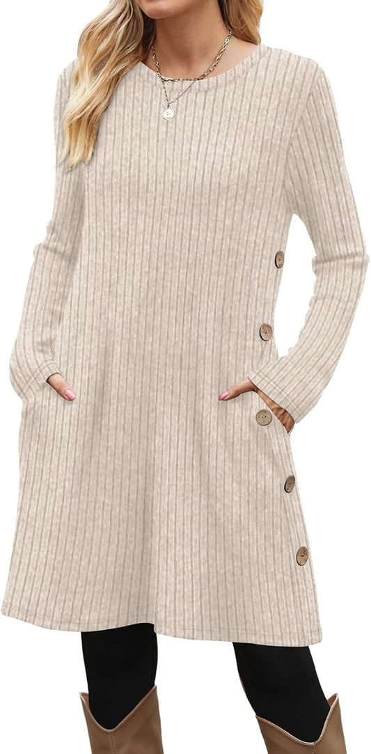 OFEEFAN Fall Dresses for Women 2026 Crew Neck Long Sleeve Dress with Pockets