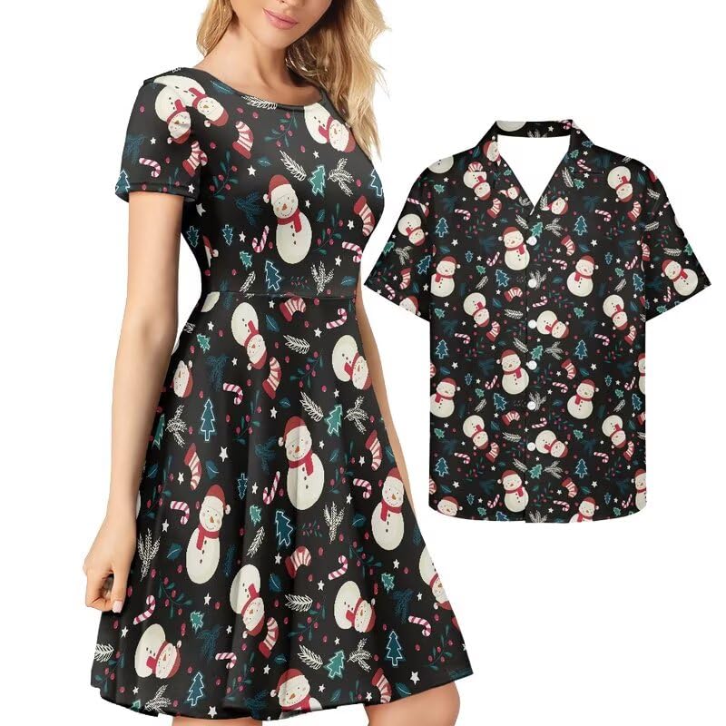 AmzPrint Couple Christmas Shirt and Dress Womens Elegant Short Sleeve Round Neck Cocktail Party Green Xmas Swing Dress