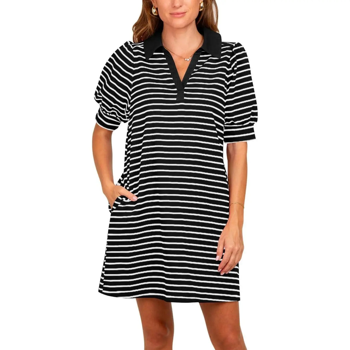 Imily Bela Women's Summer Lapel Collared V Neck Striped Dress Casual Puff Short Sleeve Polo Tshirt Dresses with Pockets
