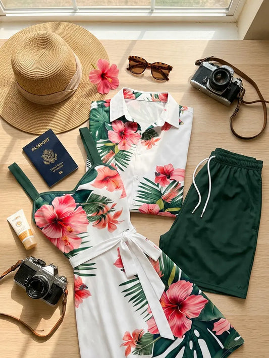 DRESSLILY His and Hers Couples Matching Clothing Set - Women's Fitted Sweetheart Dress, Men's Button-Up Short-Sleeve Knitting Shirt & Lightweight Polyester Drawstring Shorts, Tropical Flowers Print Beach Outfits, Elegant, Breathable