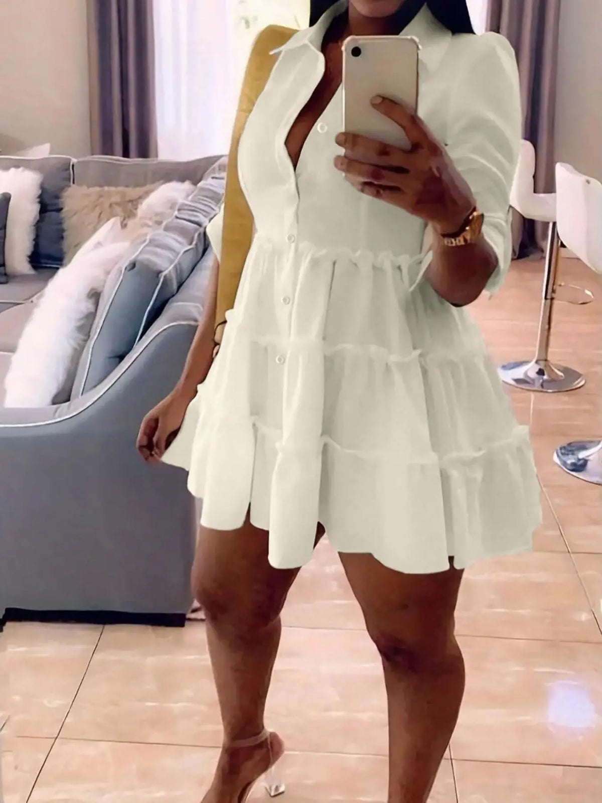 Women's Plain Collared Button-Front Shirt Dress with Frill Trim & Roll-Up Sleeves, Elegant Fashion Fitted Short Dress for Daily Outdoor Wear, Casual Summer Dress, Buttoned Dress, Chic Womenswear
