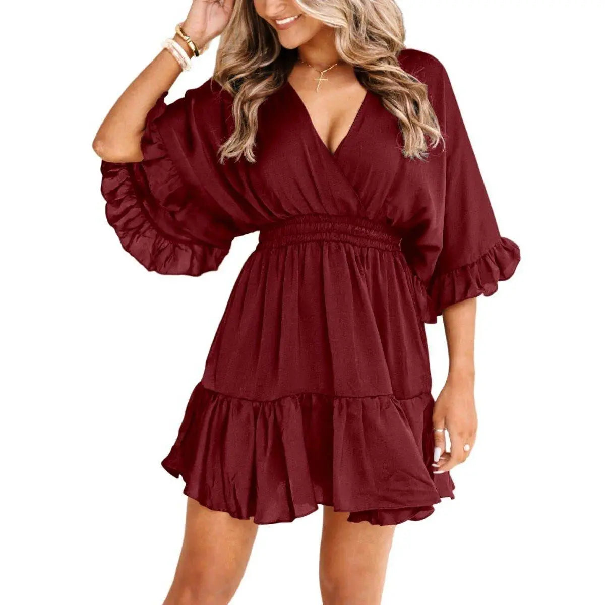 Imily Bela Womens V Neck Casual Dresses Summer Loose High Waist Ruffle Pleated Cute Mini Short Dress