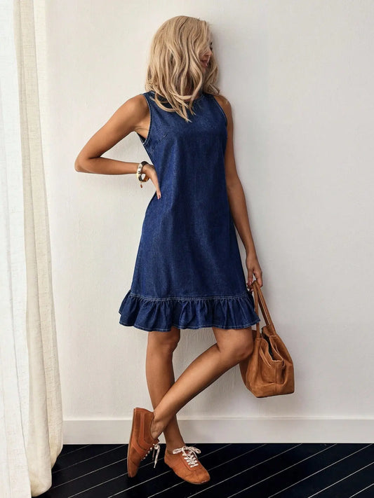 Women's Sleeveless Knee-Length Slimming Fit Button Back Ruffle Hem Denim Dress, Chic, Stylish, Elegant and Comfortable, Perfect for Casual Summer Wear, Ideal for Everyday Daily Wear, Trendy Fashion Choice, Sleeveless Jean Dresses