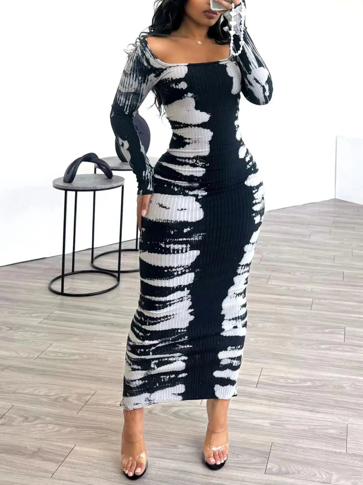 Women's Sexy Plain U Neck Long Sleeve Bodycon Cut Dress, Minimalist Solid Tight Sleeve Long Dress for Fall, Ladies Clothes for Fall, Womenswear, Casual Fashionable Dress, Chic