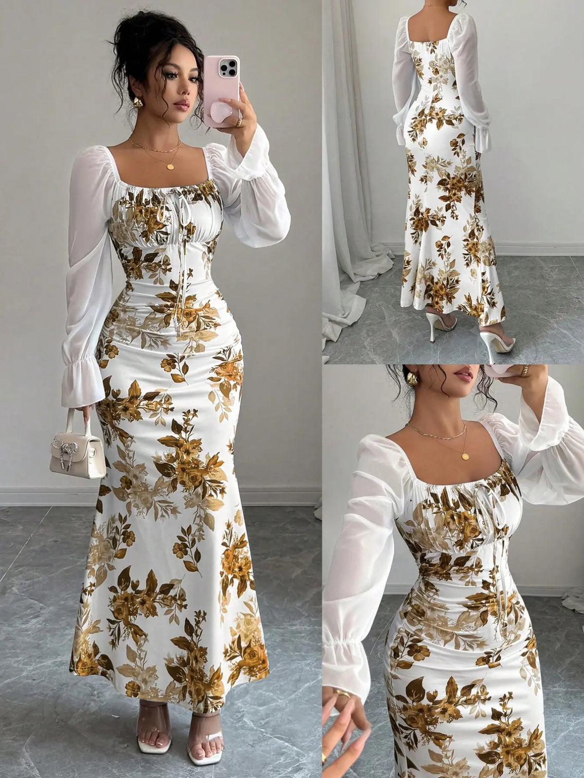 New Women's Floral Pattern Square Neck Tie Front Bubble Sleeve Chiffon Dress Summer Dresses, Casual Boho Breathable, Elegant Long Dress for Parties, Casual Wear, Chic Slim-Fit Dress for Spring, Summer and Fall, Boho Style Clothes