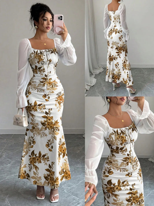 New Women's Floral Pattern Square Neck Tie Front Bubble Sleeve Chiffon Dress Summer Dresses, Casual Boho Breathable, Elegant Long Dress for Parties, Casual Wear, Chic Slim-Fit Dress for Spring, Summer and Fall, Boho Style Clothes