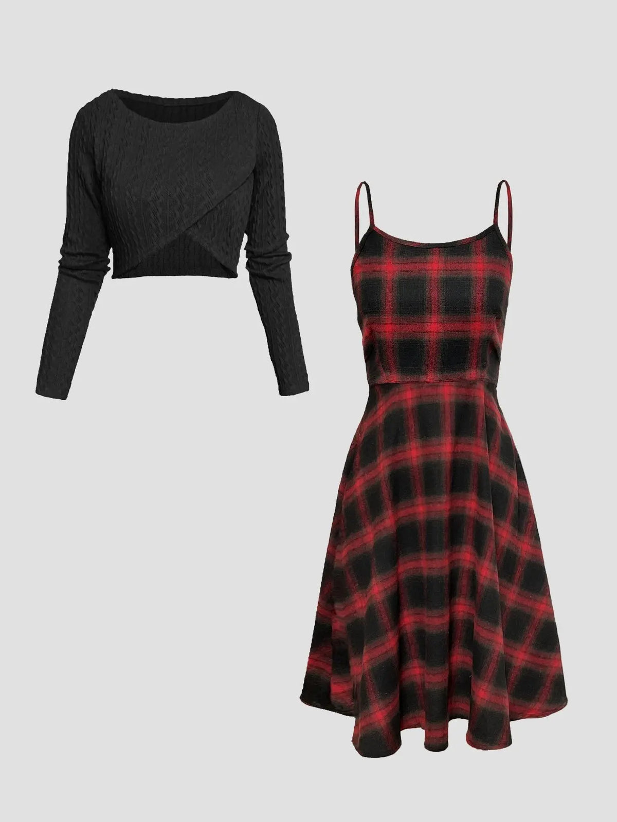 Women's Solid Wrap Hem Round Neck Textured Long Sleeve Crop Top & Plaid Print A-Line Dress Set, Preppy Fashion Cozy Stretchy Casual Chic Outfit for School, Daily & Casual Wear, Women's Clothing for Spring & Fall, Casual Lightweight Dress