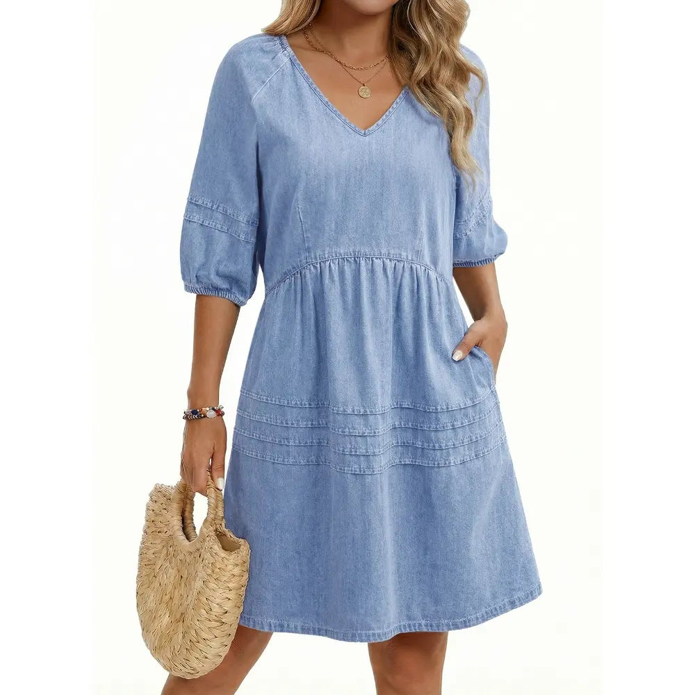 Dokotoo Denim Dress for Women Casual V Neck Puff Short Sleeve Mini Jean Dress Cute Back Tie Summer Dresses