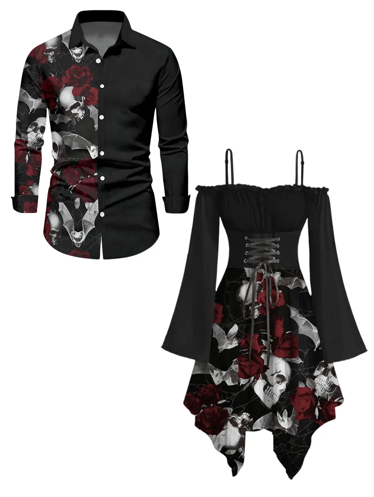 DRESSLILY 2026 Gothic Couple Outfit Women's Skull Rose Print Lace Up Off the Shoulder Asymmetrical Dress and Men's Long Sleeve Shirt Matching Set