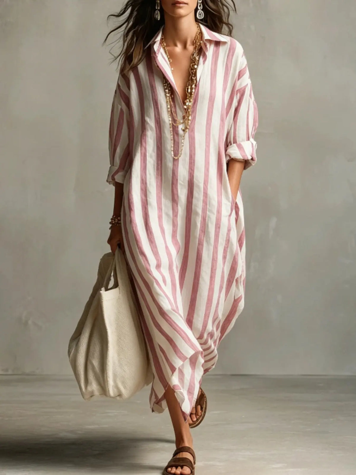 Summer Lightweight Loose Striped Long Shirt Dress, Women's Comfortable Stylish Collared Three-Quarter Sleeve Pocket Dress, Comfortable and Stylish, Casual Comfy Fashion