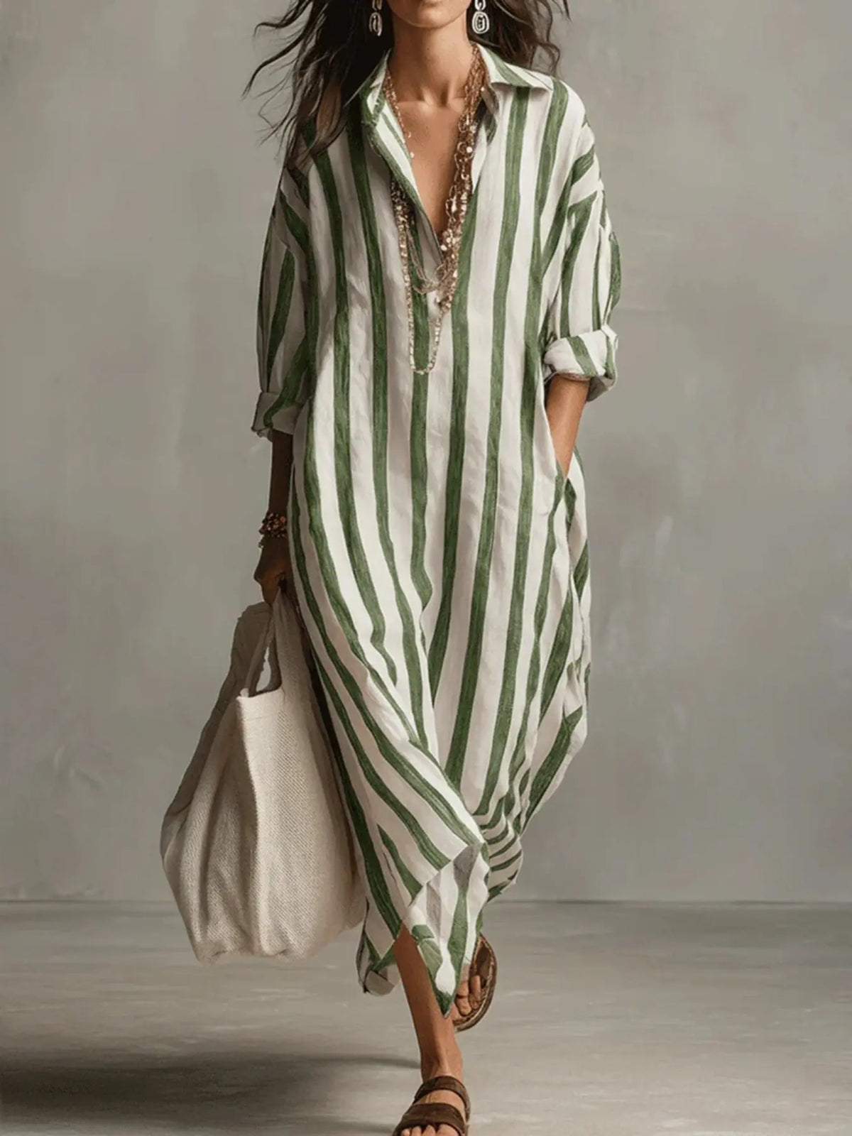 Summer Lightweight Loose Striped Long Shirt Dress, Women's Comfortable Stylish Collared Three-Quarter Sleeve Pocket Dress, Comfortable and Stylish, Casual Comfy Fashion
