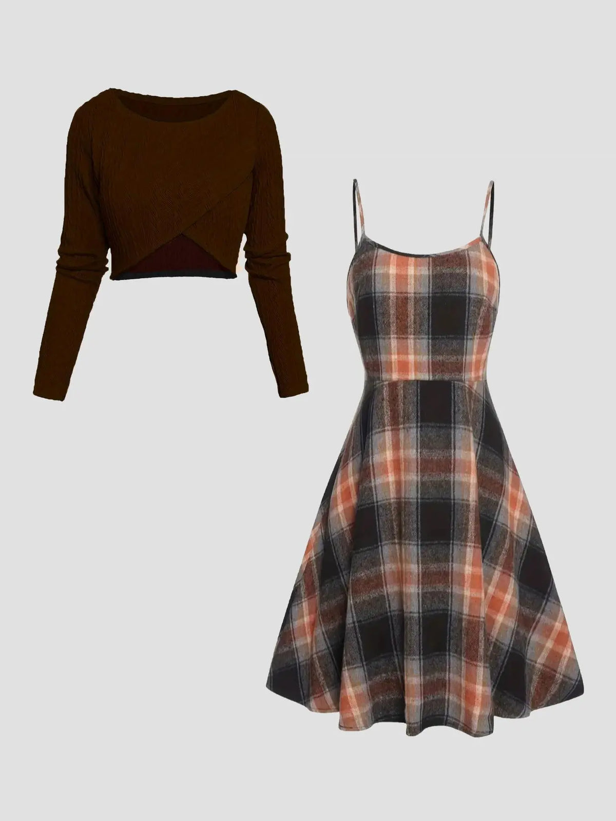 Women's Solid Wrap Hem Round Neck Textured Long Sleeve Crop Top & Plaid Print A-Line Dress Set, Preppy Fashion Cozy Stretchy Casual Chic Outfit for School, Daily & Casual Wear, Women's Clothing for Spring & Fall, Casual Lightweight Dress