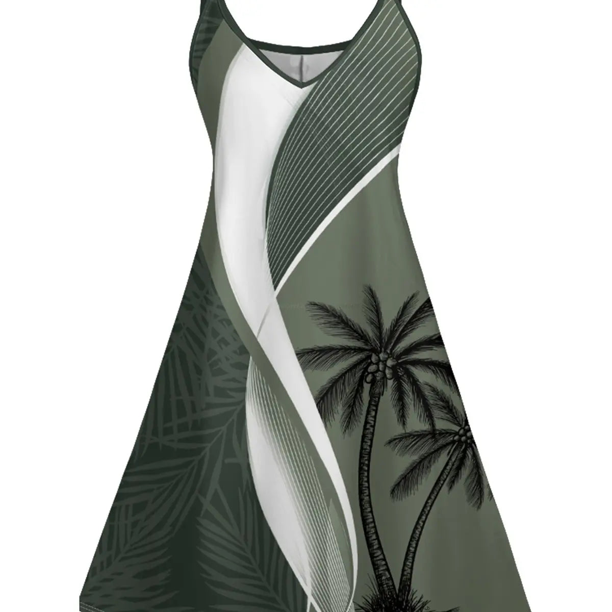 DRESSLILY 2025 Spring Style Couples Clothing Set - Women's High-Waist Polyester Colorblock Coconut Tree Leaf Print Sleeveless Spaghetti Strap Maxi Vacation Dress, Men's Roll-Up Sleeve Overall Fit Shirt
