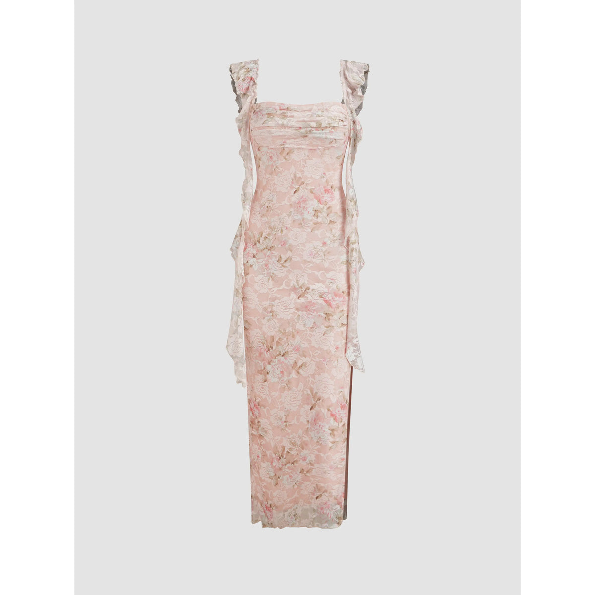 Cider Lace Floral Ruffle Hem Split Maxi Dress