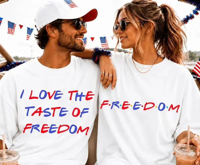 Women's Round Neck Short-Sleeve 4th of July Matching Couples Printed Fabric T-Shirt - Funny Sarcastic Patriotic Freedom-Themed Casual Apparel with Oversized Fit, Sohochic