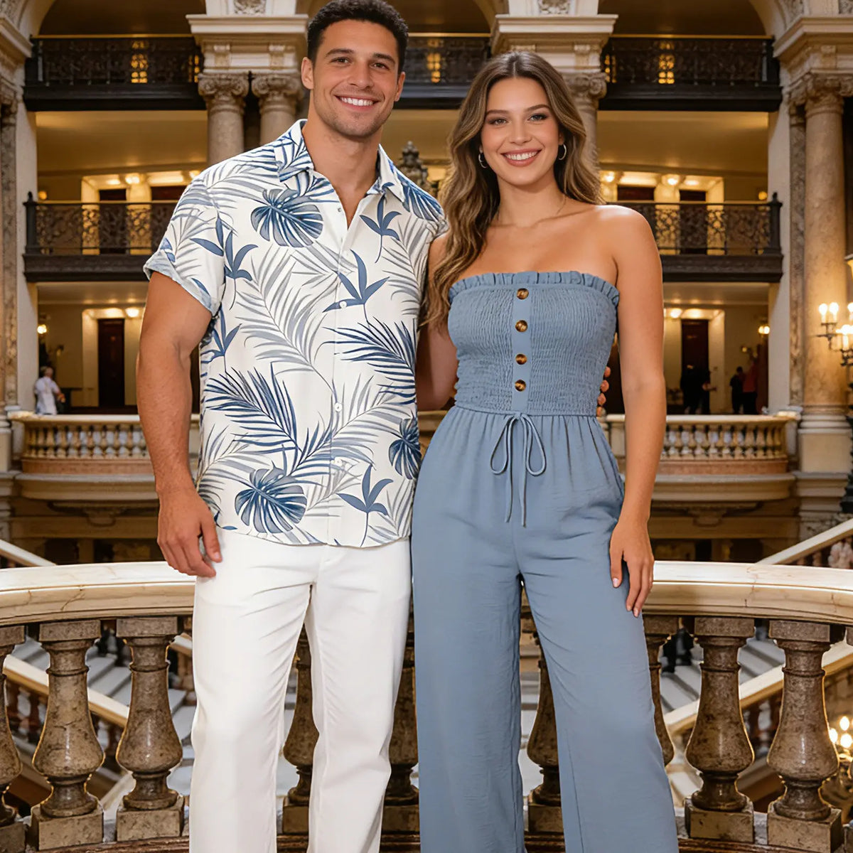 Tropical Getaway Couple Matching Set– Women's Ruffle Off Shoulder Wide Leg Jumpsuit & Men's Botanical Leaf Print Button Up Shirt