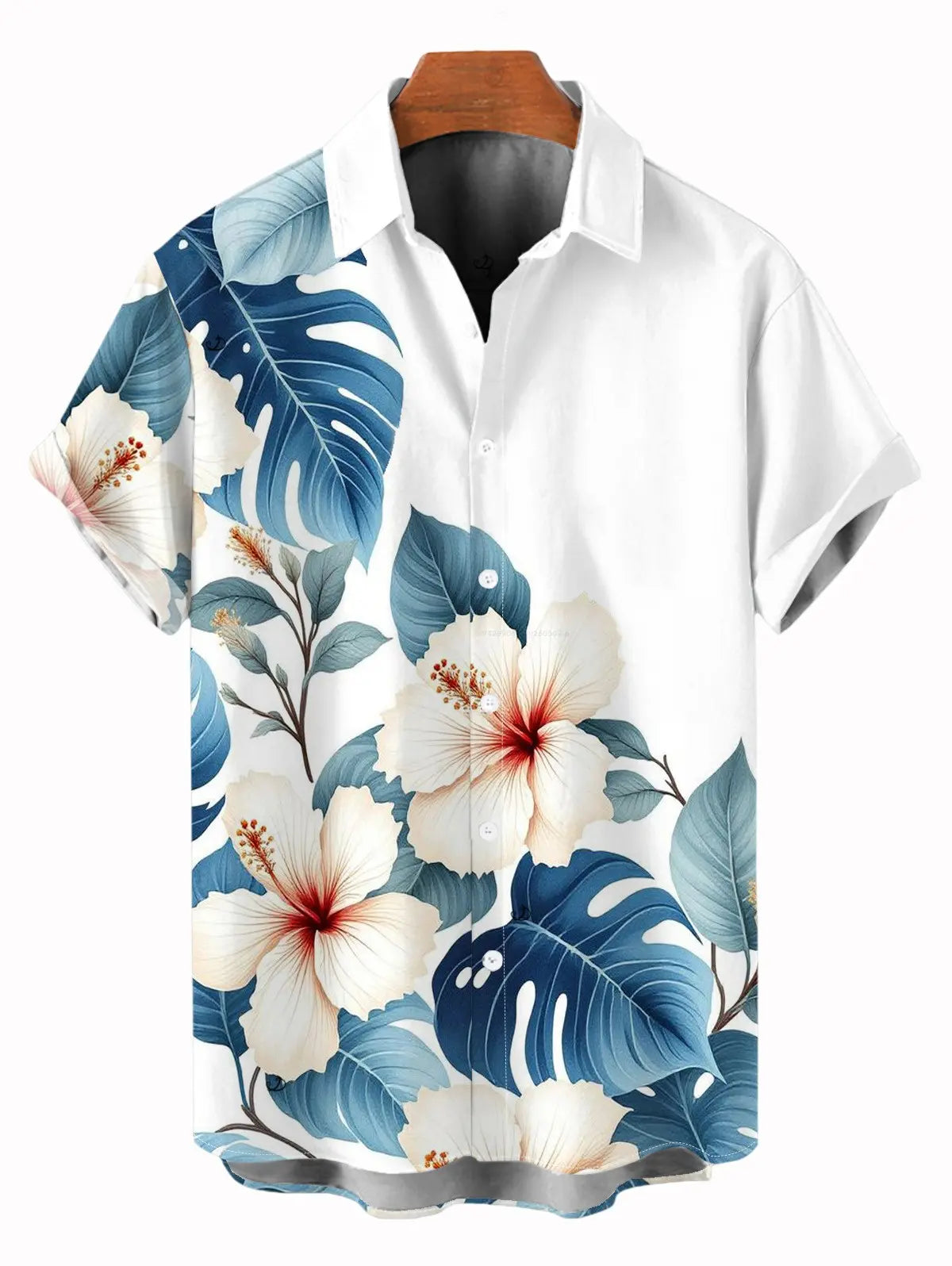 Two-Tone Vacation Couple Matching Outfits Tropical Hibiscus Floral Print Side Slit Lace Hollow Out Maxi Dress and Short Sleeve Shirt Set Womenswear Clothes Suits