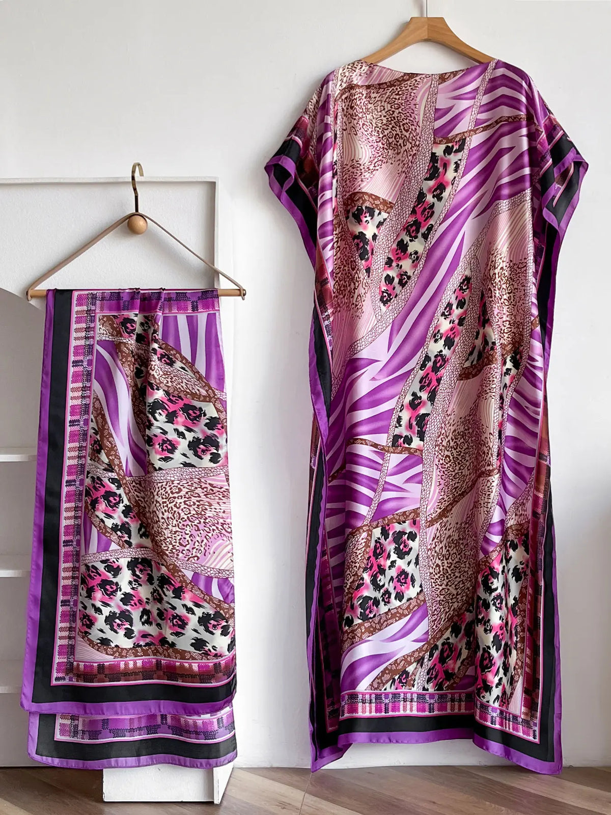 Women's Fashion Print Long Robe Outfit Set, Moomoo Dress + Scarf Headband, Casual Woven Fabric Thin All-Season Wear, Beach Sun Protection