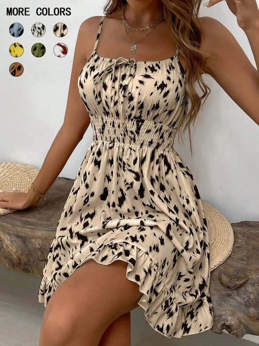 Women's Fashion Print Slim-Fit Mini Dress Spaghetti Strap Design, All-Season Wear, Unlined Comfortable Style Summer Dresses #GLOBAL PICKS
