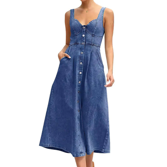 utcoco Women's Denim Midi Buttoned Dress - Slim-Fit, Sleeveless, Button-Down, Minimalist Casual Going Out Wear for Brunch, Western OOTD
