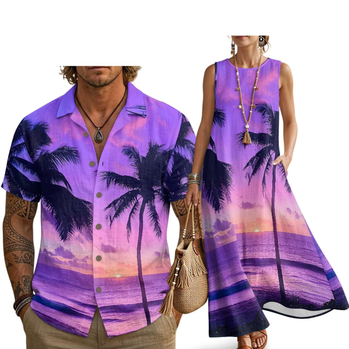 Husband and Wife Clothes Linen Casual Shirt for Men Maxi Dress for Women Summer Dress Matching Vacation Clothes