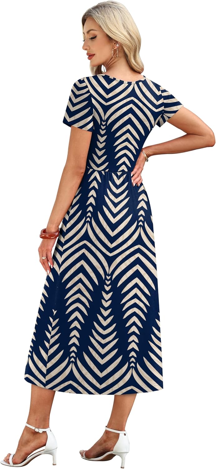 OFEEFAN Summer Dresses for Women Flowy Casual A-Line Midi Dress Beach Vacation Sundresses with Pockets S-2XL