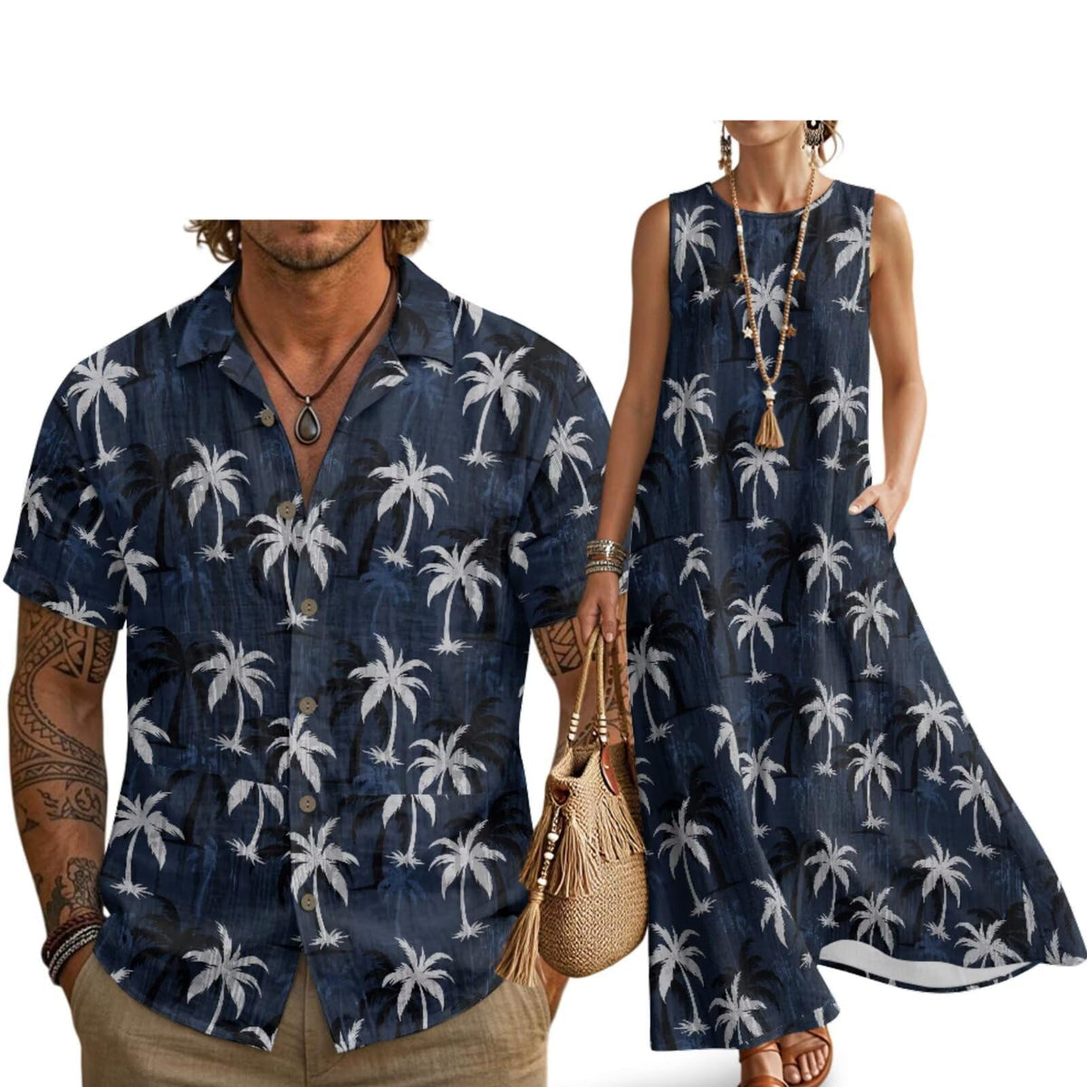 Husband and Wife Clothes Linen Casual Shirt for Men Maxi Dress for Women Summer Dress Matching Vacation Clothes