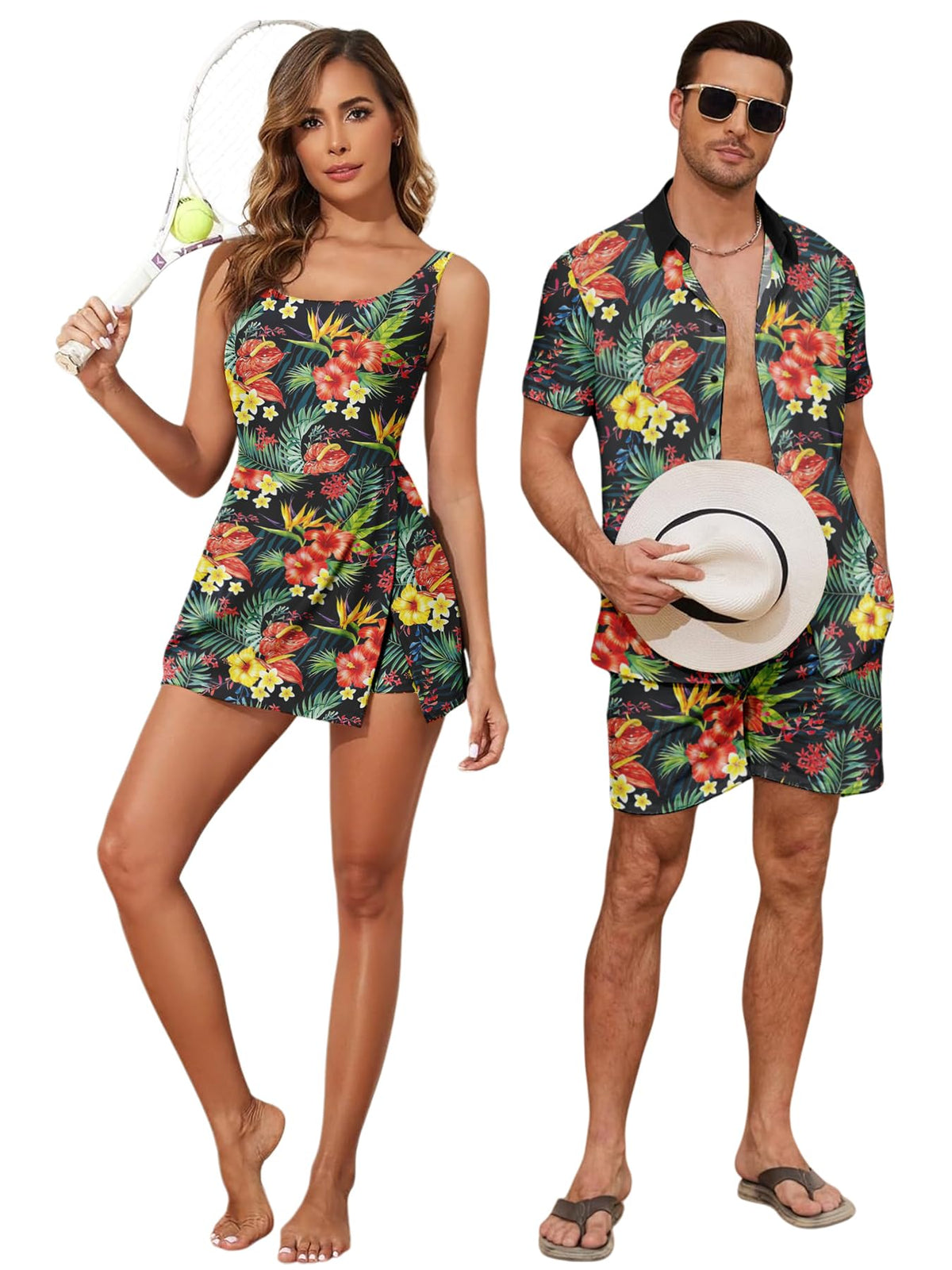 Matching Hawaiian Outfits Beach Vacation for Couples Tropical Print Women One Piece Swimwear or Men Shirt Suit