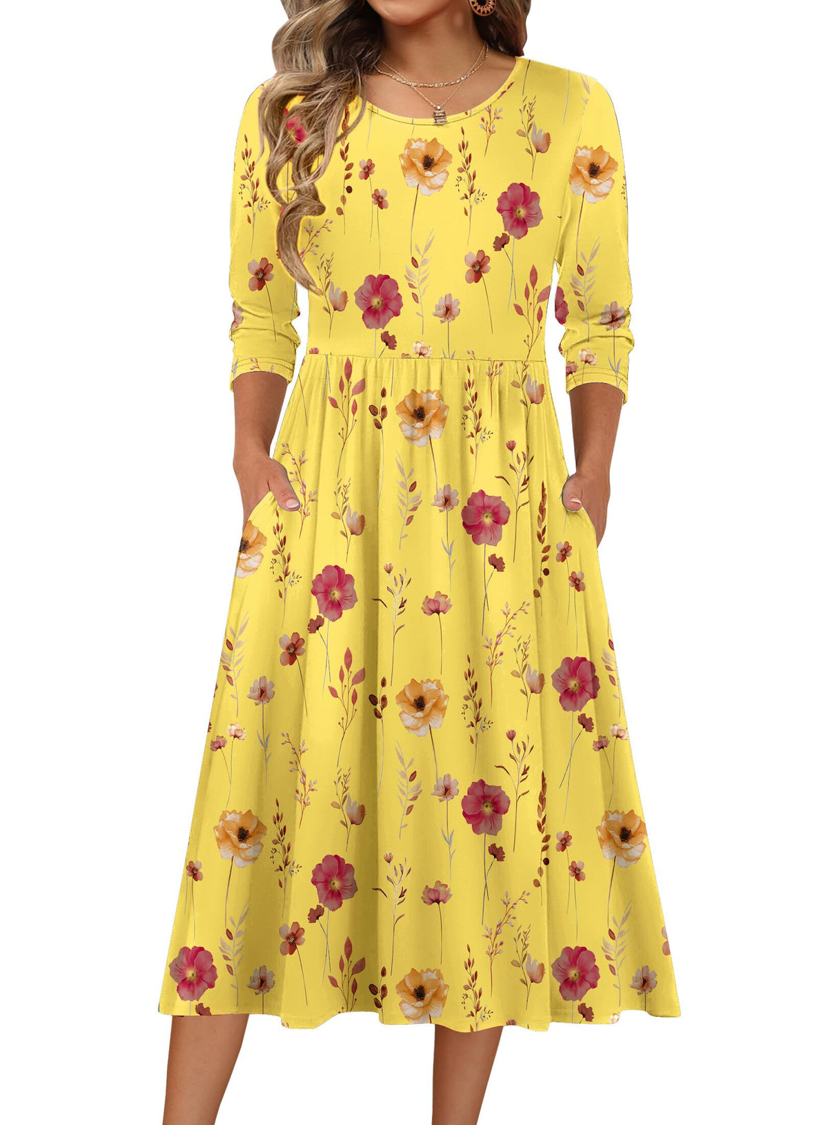 Zeagoo 3/4 Sleeve Women's Dress Casual Aline Summer Fall Midi Long Dresses