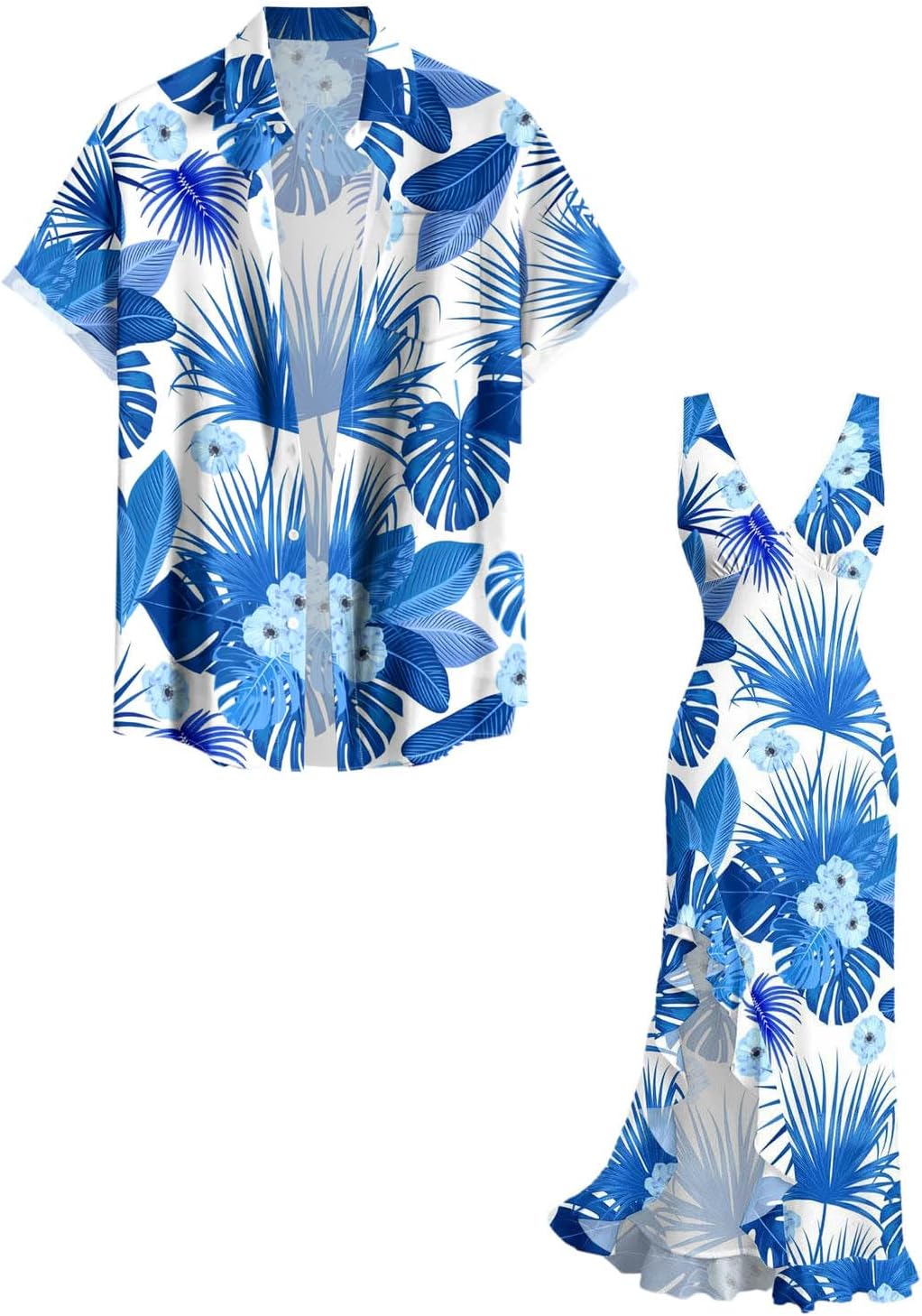 DRESSFO Couple Matching Hawaiian Outfits Flower Leaf Printed Ruffles Split Dress or Men's Short Sleeve Button Up Shirt