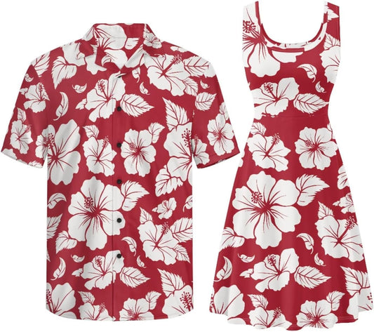 Gomyblomy Matching Hawaiian Outfits for Couples Vacation Tropical Floral Women Dress Mens Shirts His and Hers Clothing