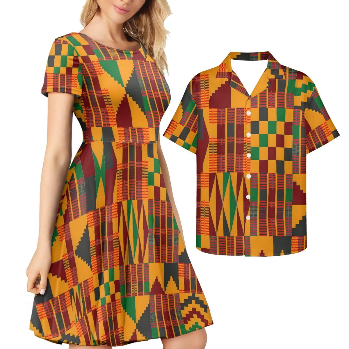 AmzPrint Couple Christmas Shirt and Dress Womens Elegant Short Sleeve Round Neck Cocktail Party Green Xmas Swing Dress