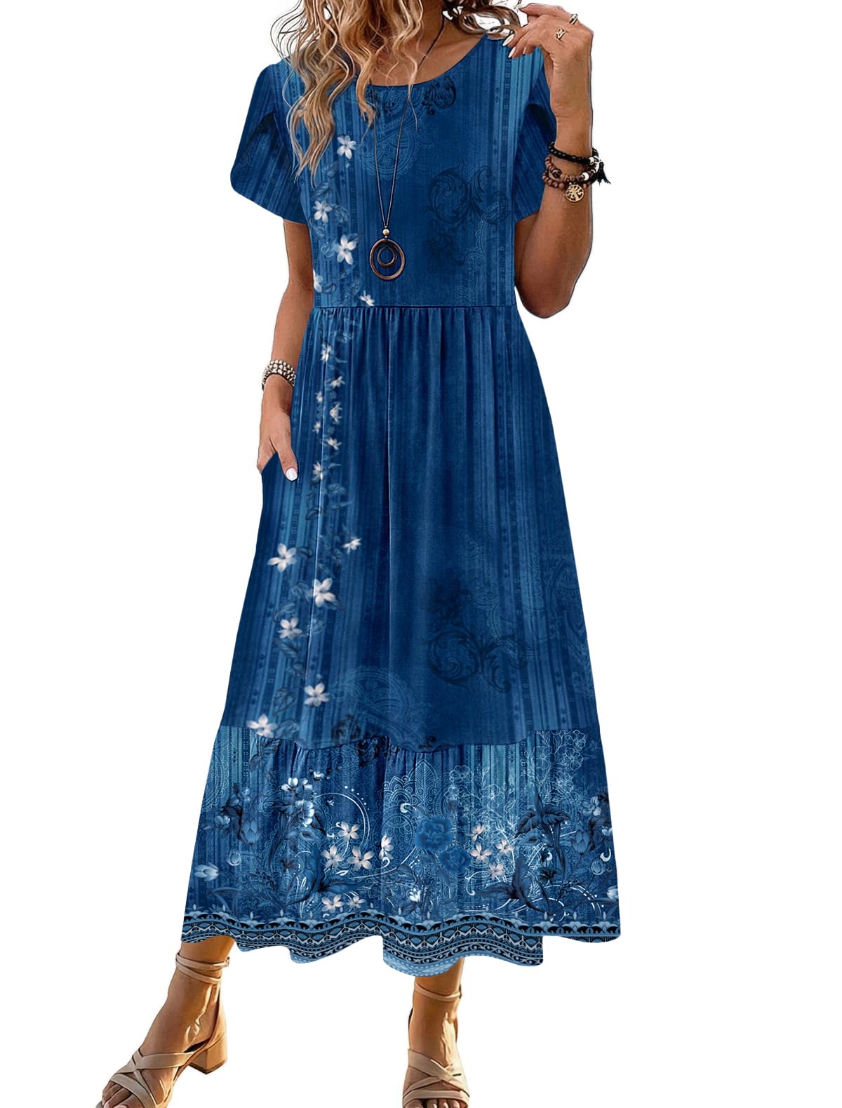 Zeagoo Women Summer Midi A Line Dress Short Sleeve Casual Flowy Tiered Beach Long Sundress with Pockets 2026 Vacation Travel