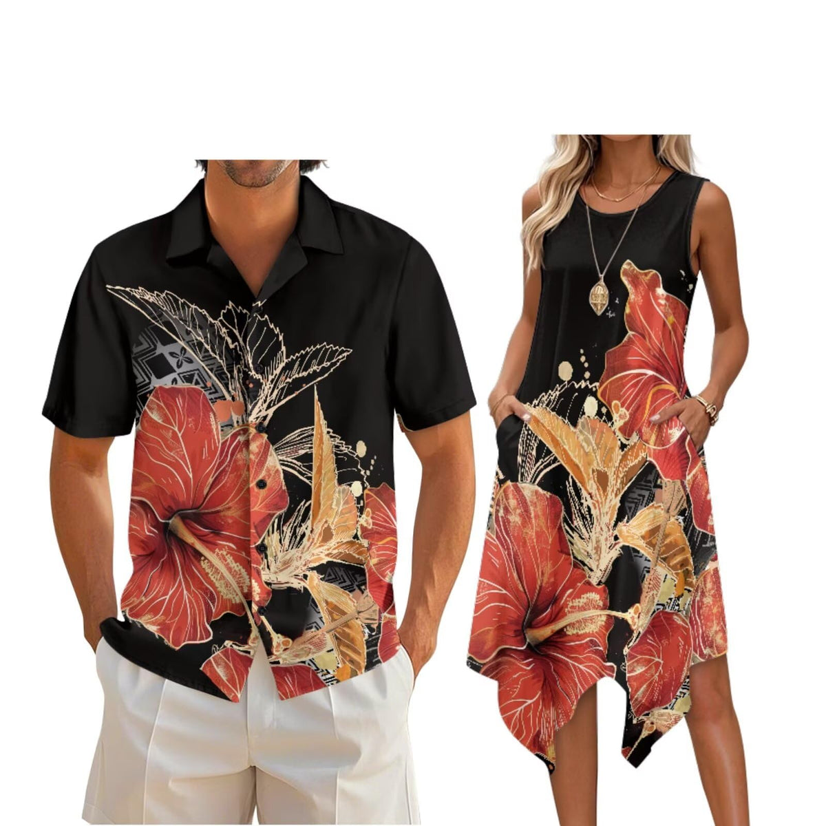 Couple Matching Outfit Hawaiian Men's Button Down Shirt Sleeveless Sundresses Dress Summer Dress for Women 2026