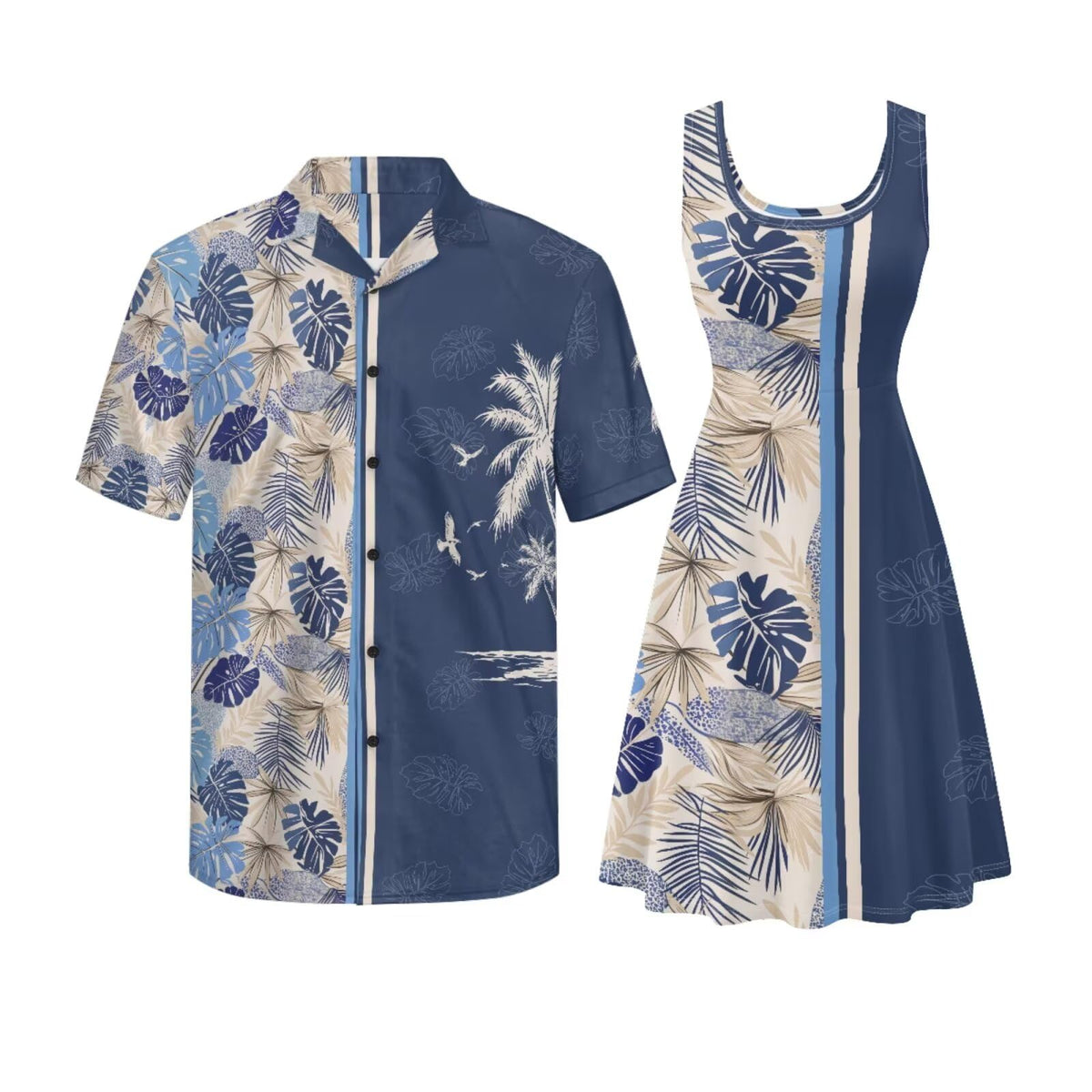 Gomyblomy Matching Hawaiian Outfits for Couples Vacation Tropical Floral Women Dress Mens Shirts His and Hers Clothing