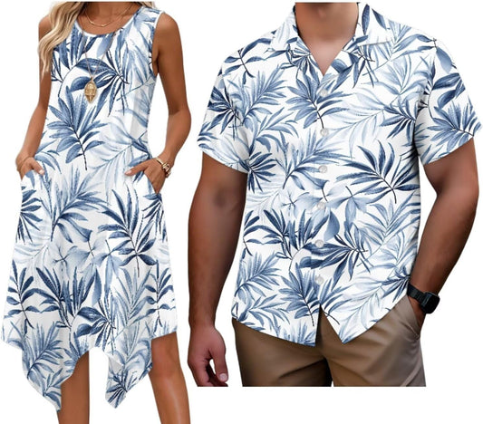 Matching Hawaiian Outfits for Couples Womens Asymmetrical Midi Dress Mens Beach Shirts Short Sleeve Button Up Shirt