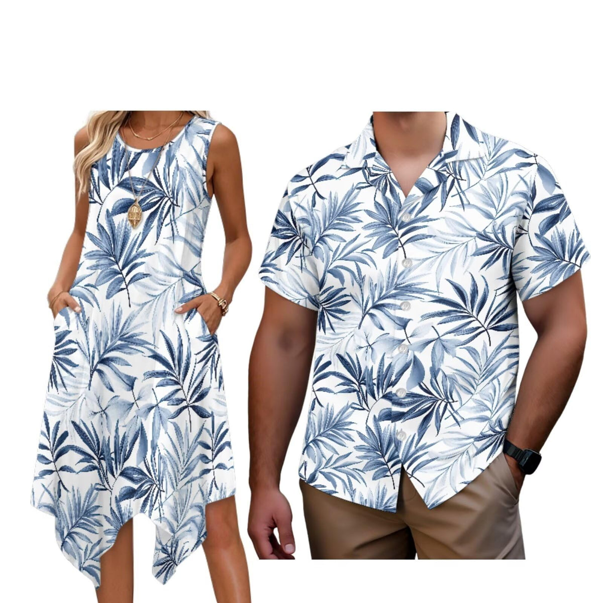 Matching Hawaiian Outfits for Couples Womens Asymmetrical Midi Dress Mens Beach Shirts Short Sleeve Button Up Shirt