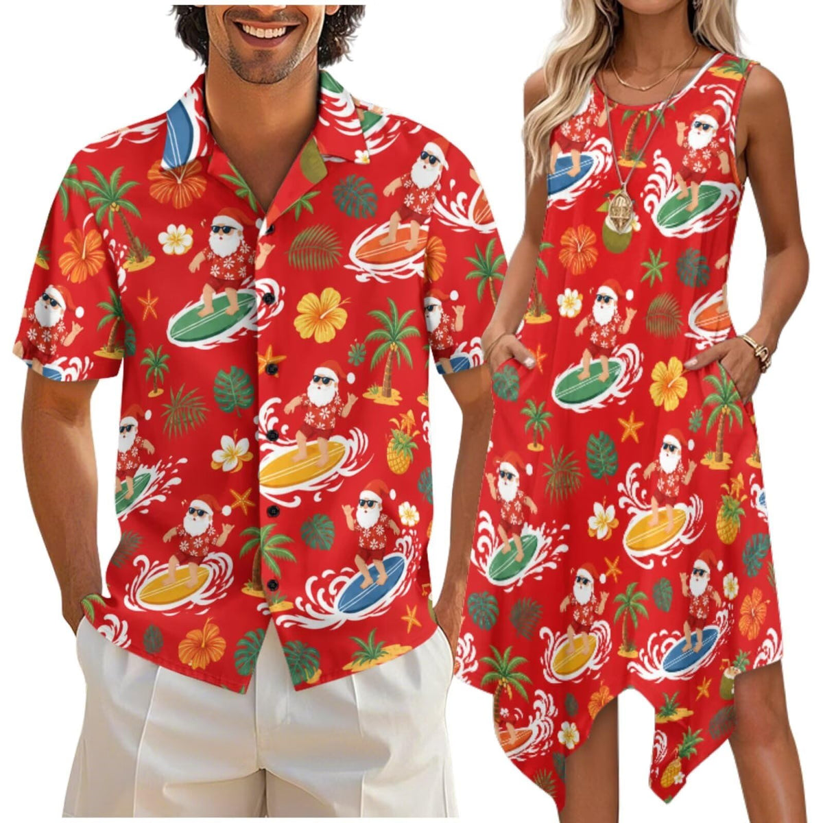 doginthehole Matching Hawaiian Outfits for Couples Men's Button Down Shirt Sleeveless Sundresses Summer Dress for Women