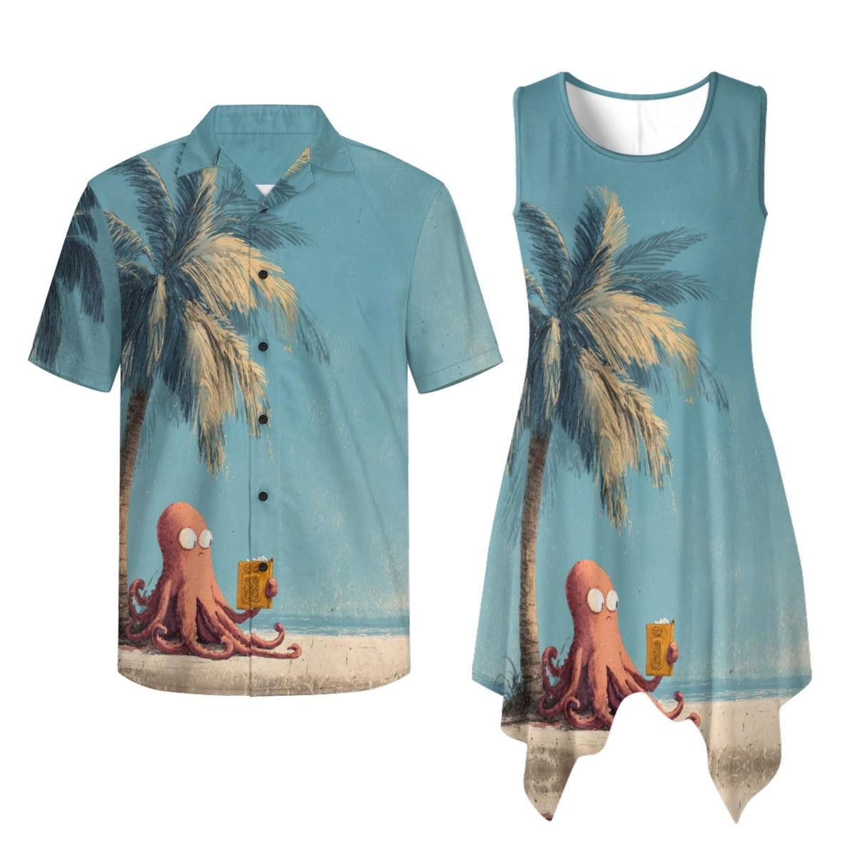 TOADDITDO Couple Shirts and Dress Matching Outfit Womens Sleeveless Flared Mini Sundress or Mens Buttons Hawaiian Aloha Shirt