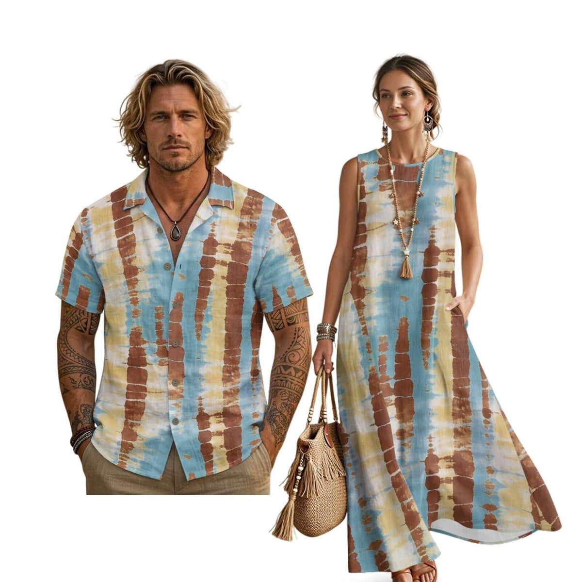Women's Summer Dresses Sleeveless Sundresses, Men's Button Down Short Sleeve Shirts, Linen Couple Matching Outfits