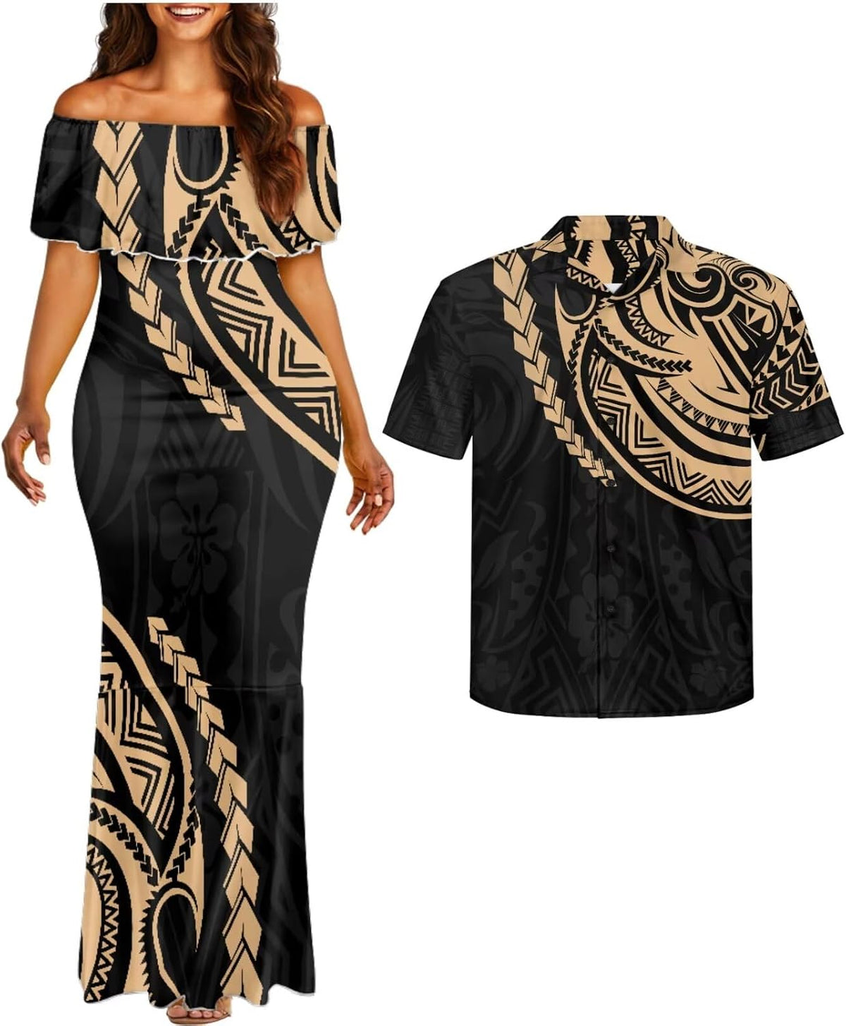 Matchable Couple Hawaiian Polynesian Puletasi Samoa Womens Dress with Mens Shirt and Mens Shorts Couple Set