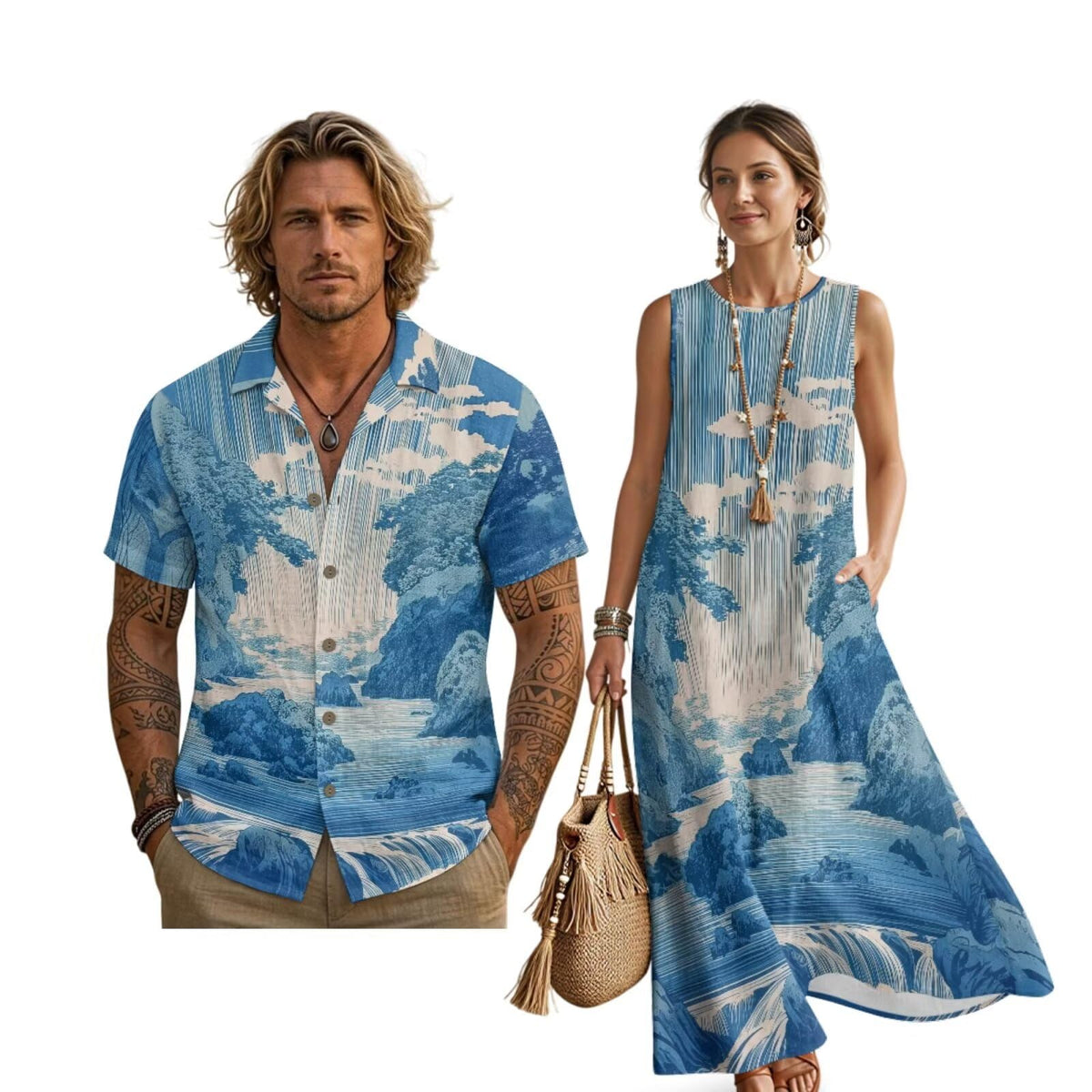 Women's Summer Dresses Sleeveless Sundresses, Men's Button Down Short Sleeve Shirts, Linen Couple Matching Outfits