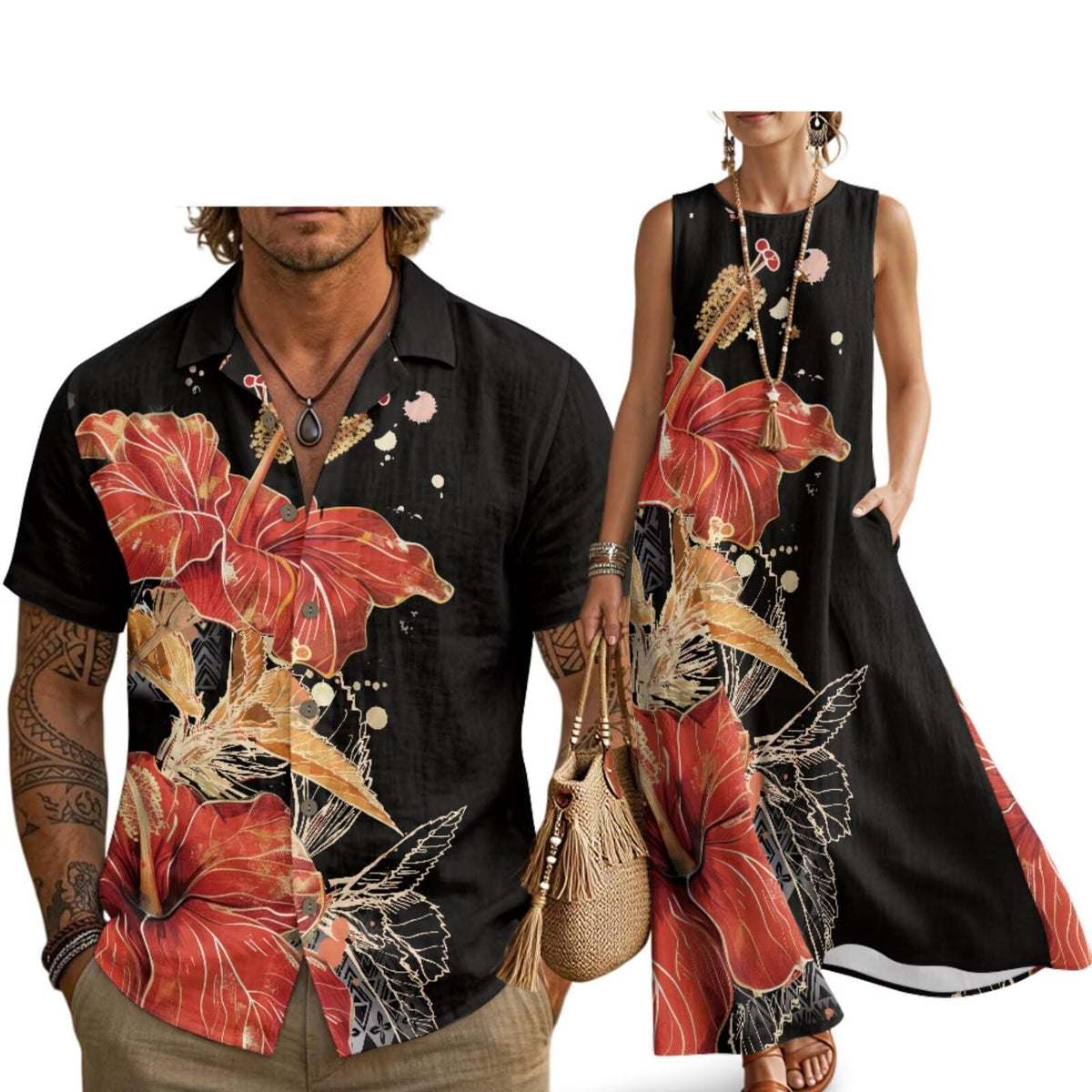 Husband and Wife Clothes Linen Casual Shirt for Men Maxi Dress for Women Summer Dress Matching Vacation Clothes