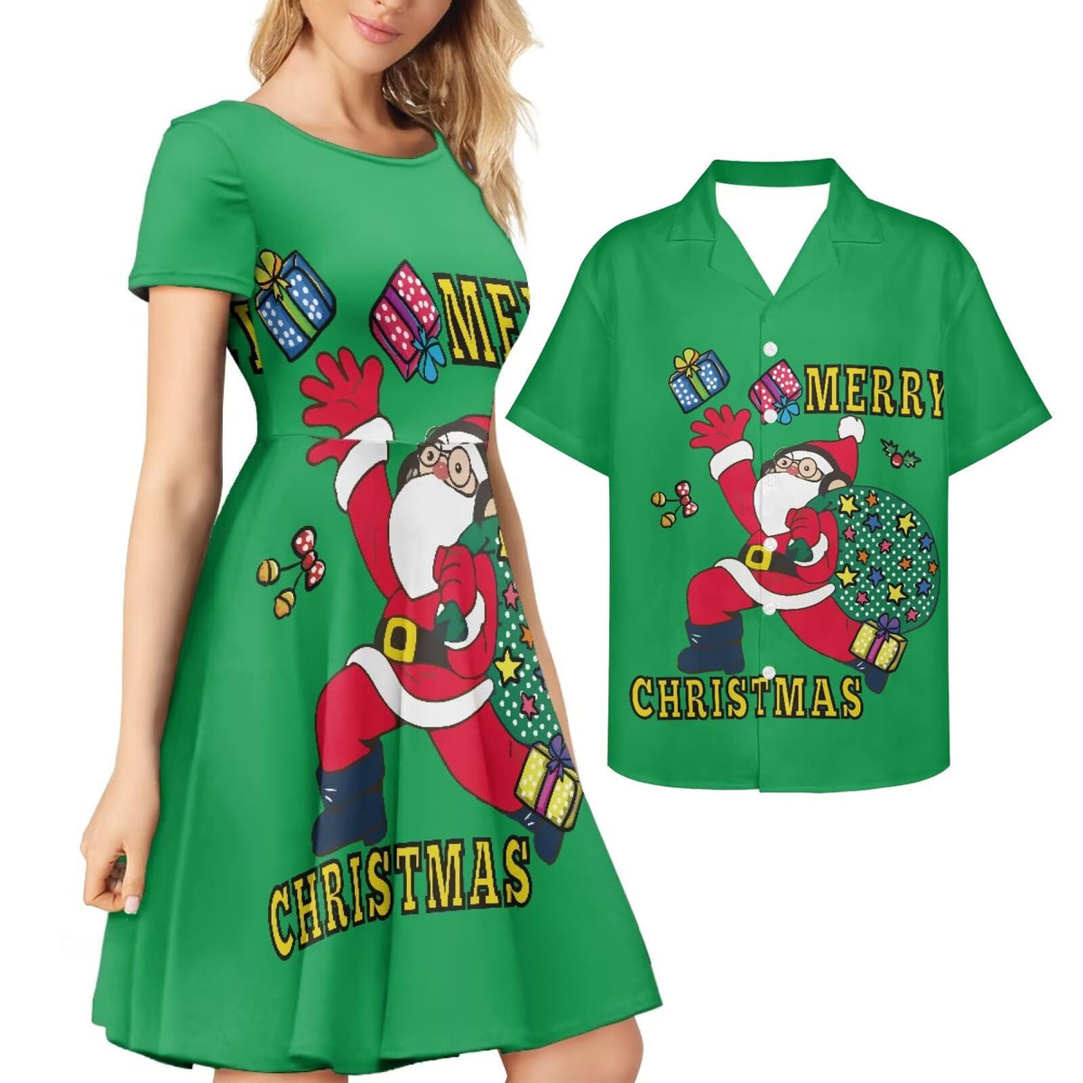 AmzPrint Couple Christmas Shirt and Dress Womens Elegant Short Sleeve Round Neck Cocktail Party Green Xmas Swing Dress