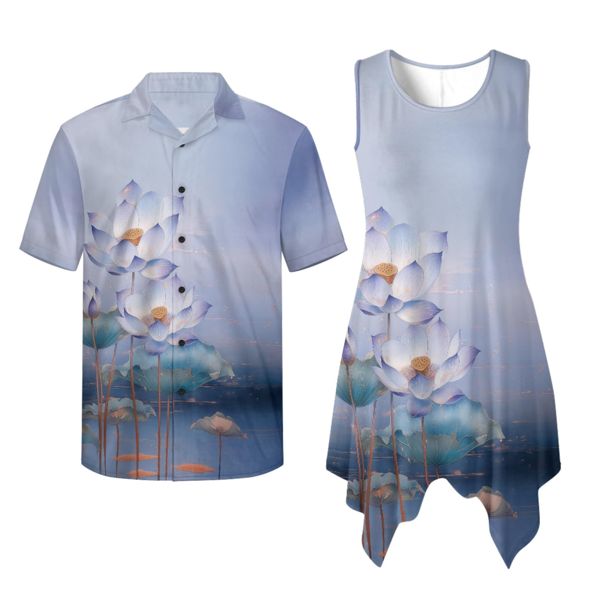 TOADDITDO Couple Shirts and Dress Matching Outfit Womens Sleeveless Flared Mini Sundress or Mens Buttons Hawaiian Aloha Shirt