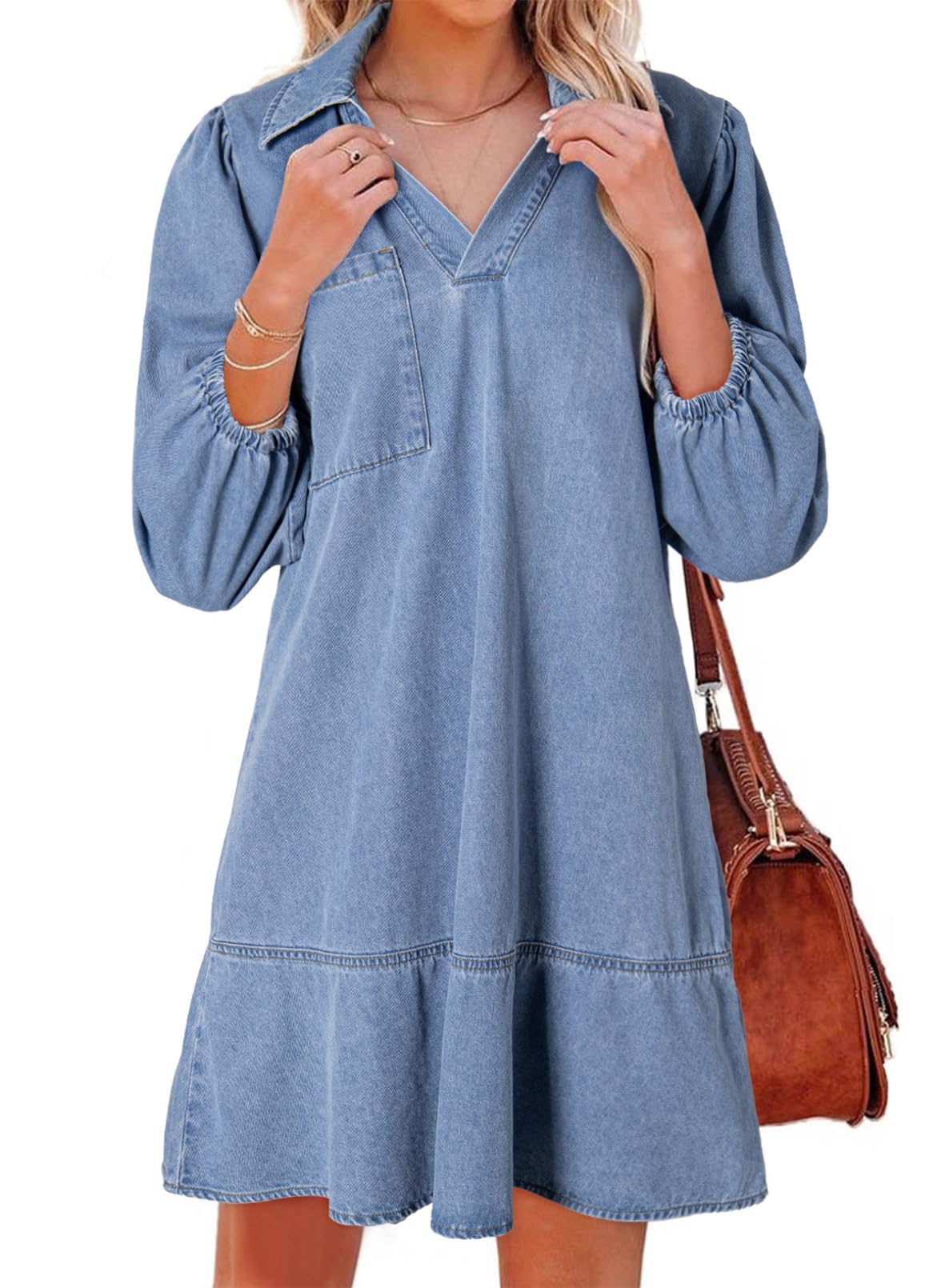 Dokotoo Denim Dress for Women Fall 3/4 Puff Sleeve Babydoll Jean Dress