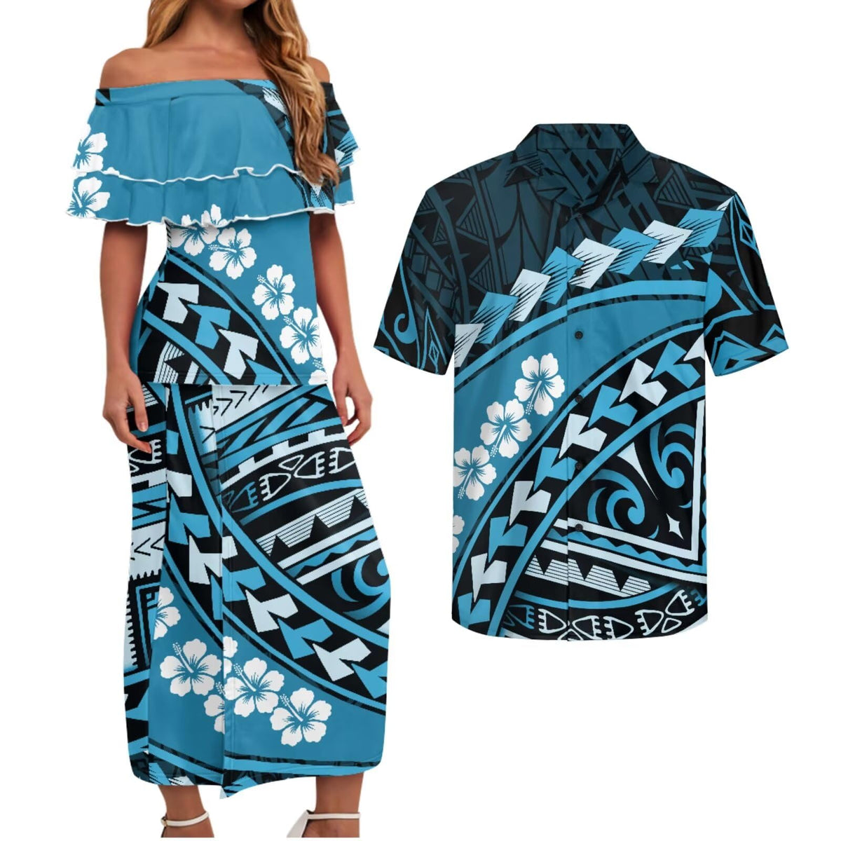 Polynesian Couples Matching Outfits Short Sleeve Puletsai Samoan Traditional Dress & Man Shirts
