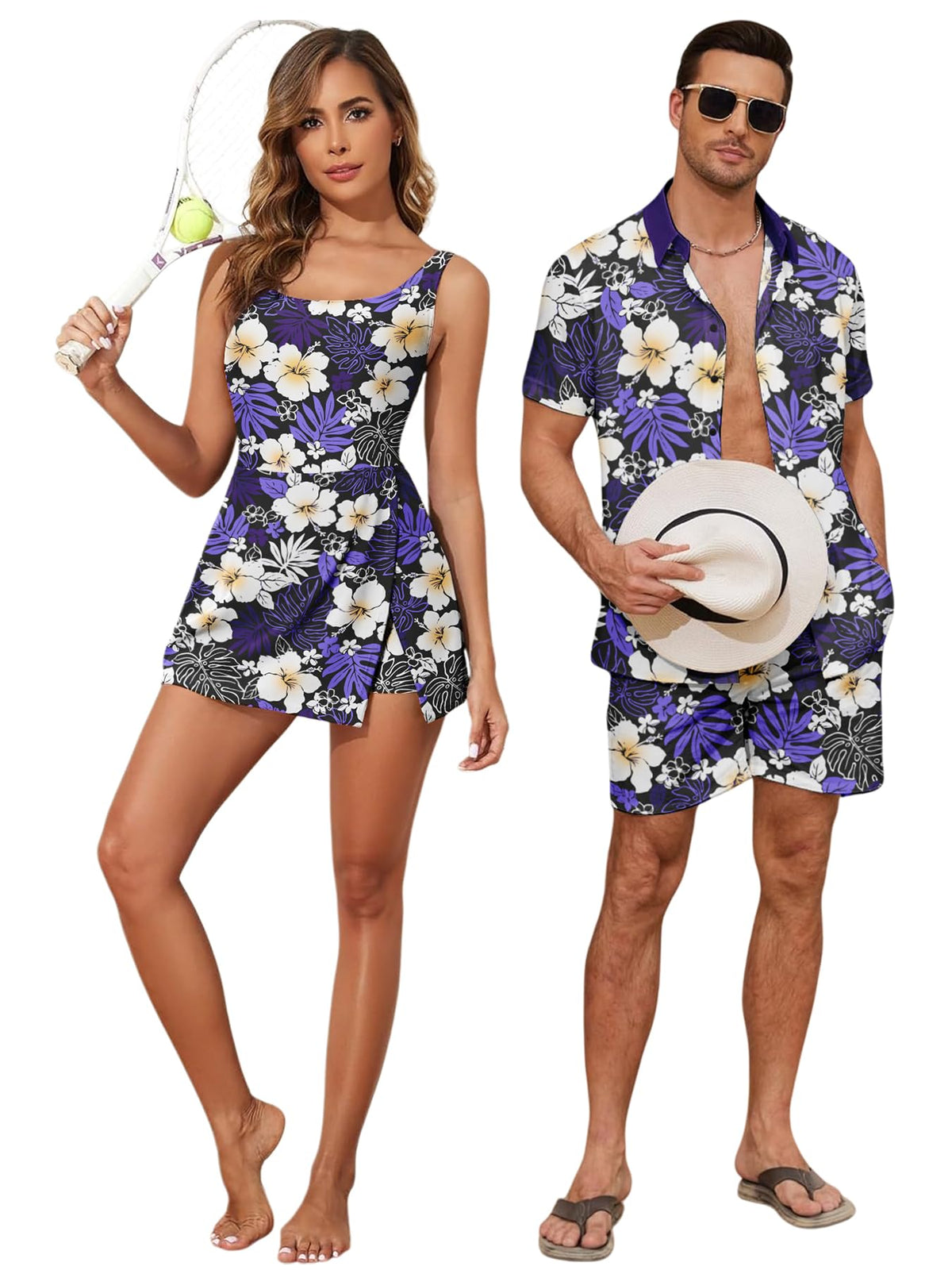 Matching Hawaiian Outfits Beach Vacation for Couples Tropical Print Women One Piece Swimwear or Men Shirt Suit