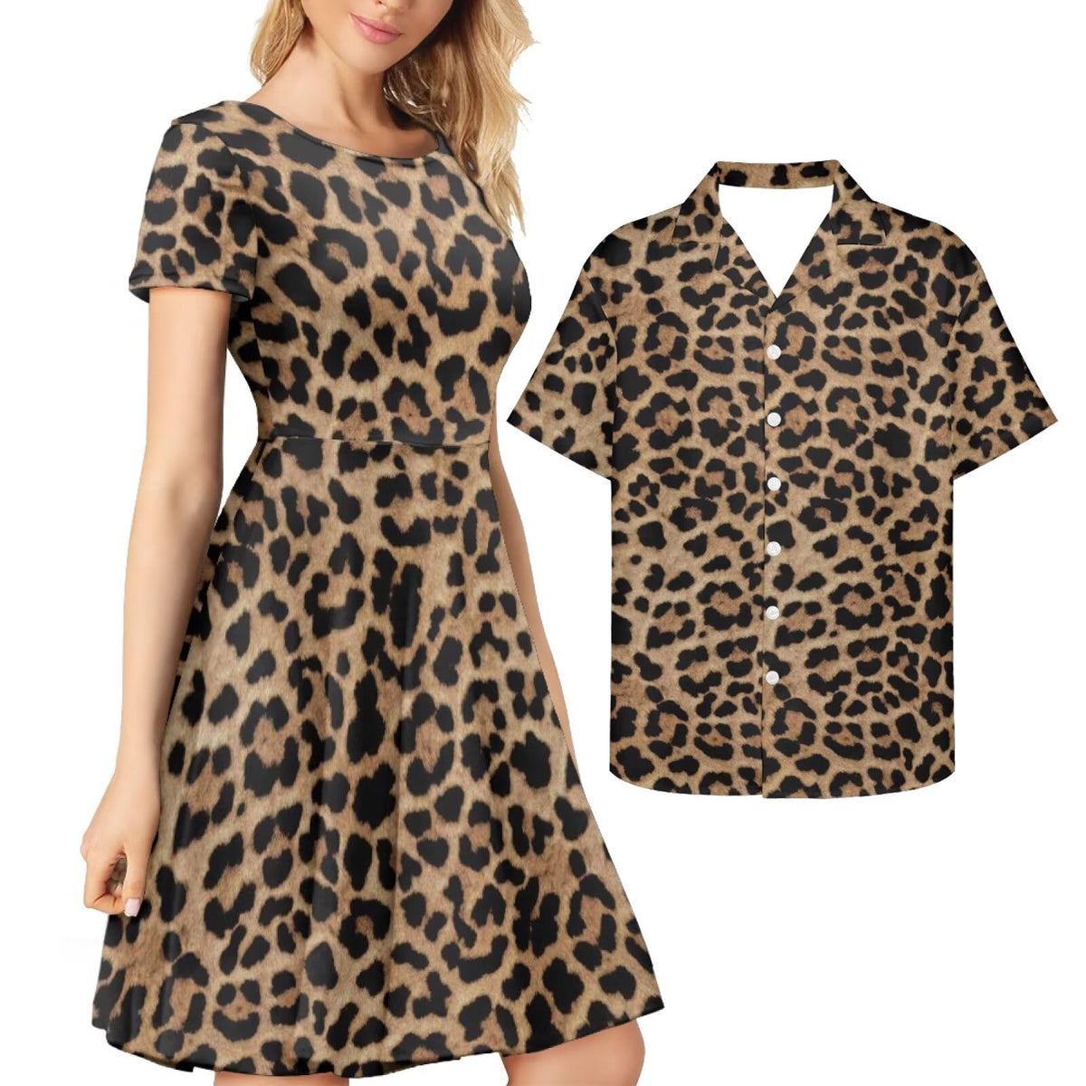 AmzPrint Couple Christmas Shirt and Dress Womens Elegant Short Sleeve Round Neck Cocktail Party Green Xmas Swing Dress