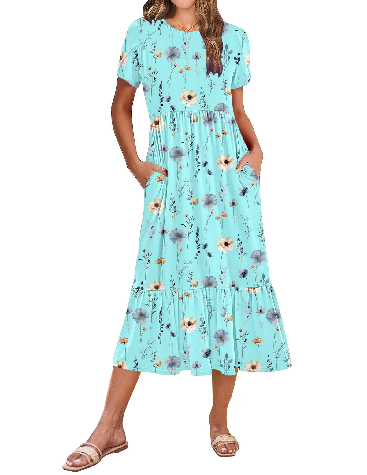 Zeagoo Women Summer Midi A Line Dress Short Sleeve Casual Flowy Tiered Beach Long Sundress with Pockets 2026 Vacation Travel